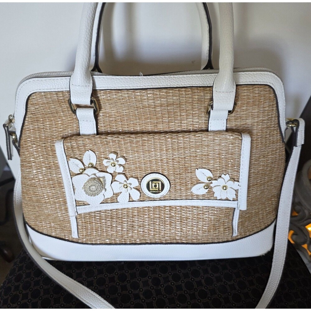 Vintage LIZ CLAIBORNE Rare 3D Flowers WovenStraw Handle/CROSSBODY Strap Purse GC